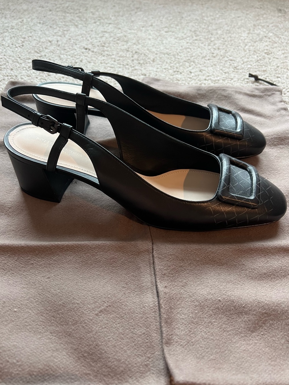 Bottega Veneta Black Leather Slingback Block Heel Pumps